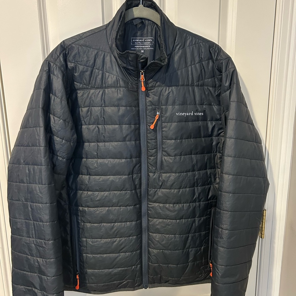 Vineyard Vines Black Quilted Puffer Jacket with Orange Pulls